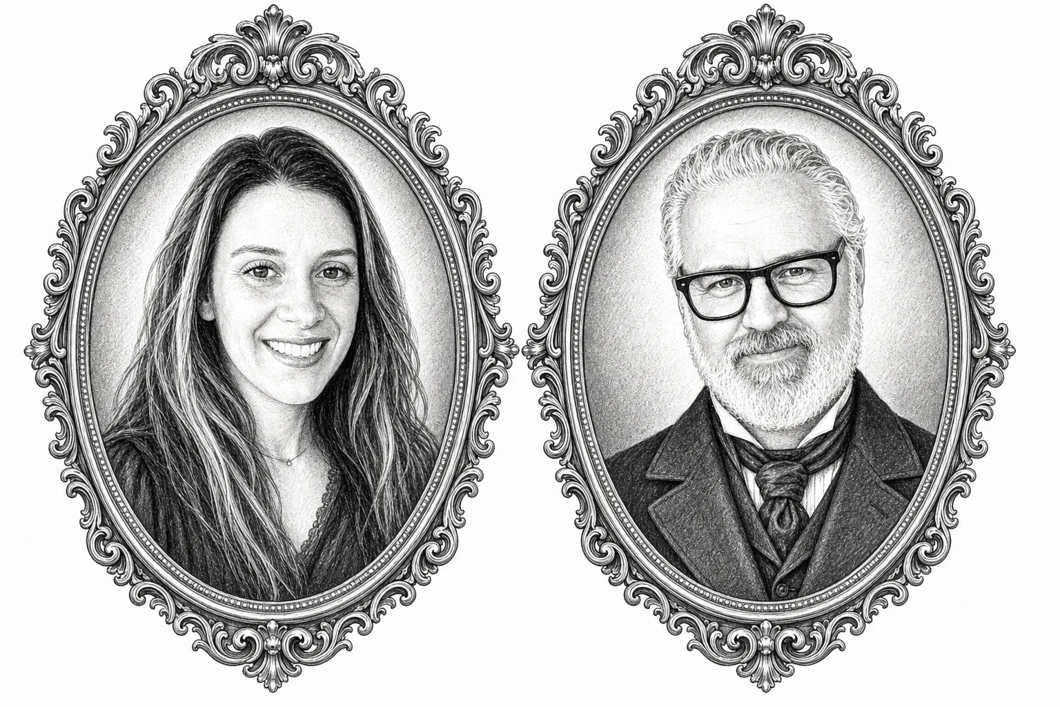 Victorian-style ink portraits of Lindsay and Travis in ornate oval frames