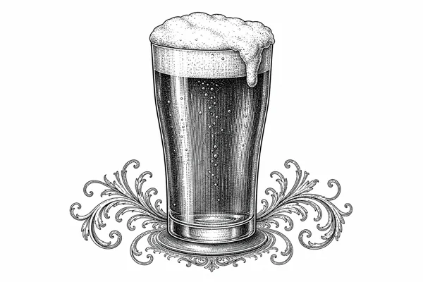 Victorian-style ink illustration of a tall pint beer glass topped with frothy foam