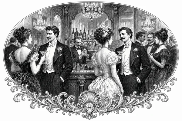 Victorian-style ink illustration of well-dressed guests standing at an elegant cocktail bar