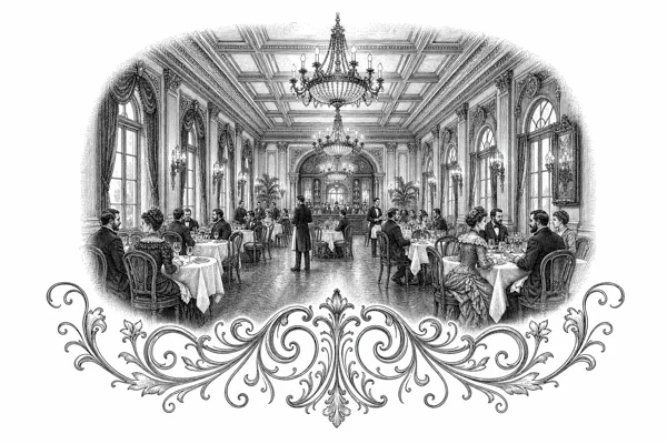 Victorian-style ink illustration of an elegant restaurant dining hall with chandeliers and set tables