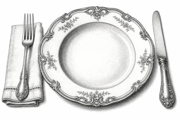Victorian-style ink illustration of a formal dinner place setting with plate, fork, and knife