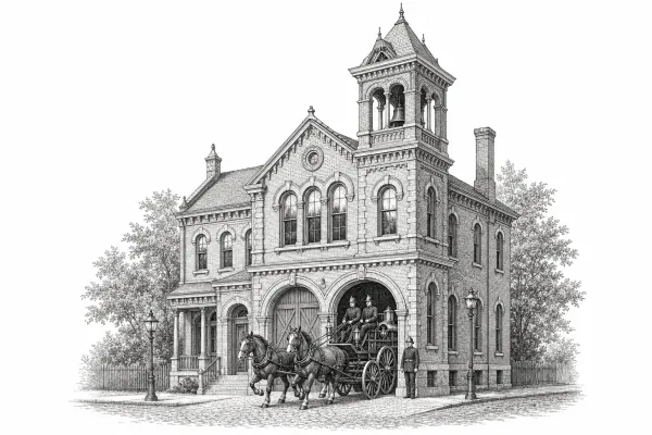 Victorian-style ink illustration of a firehouse with bell tower and horse-drawn fire wagon
