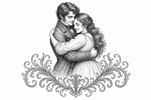 Victorian-style ink illustration of a young man and woman in a warm embrace