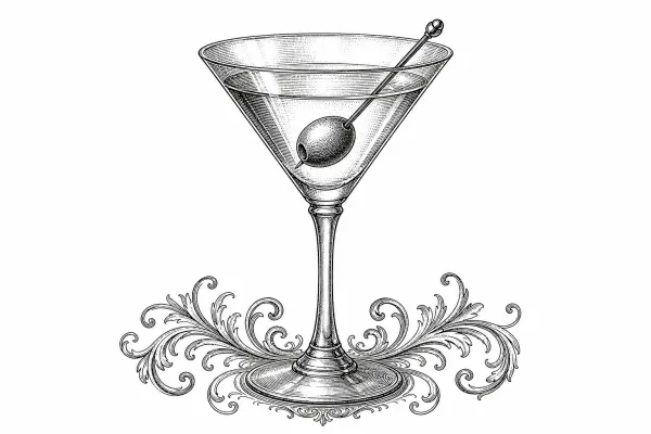 Victorian-style ink illustration of an elegant martini glass with an olive