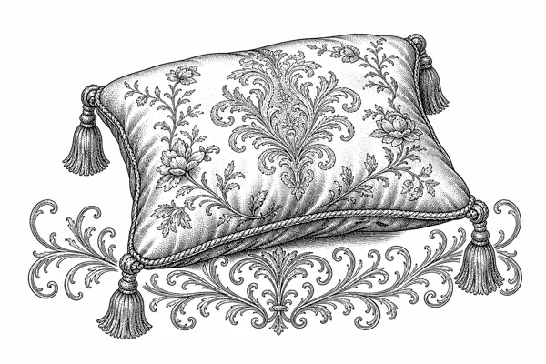 Victorian-style ink illustration of an ornate embroidered pillow with tasseled corners