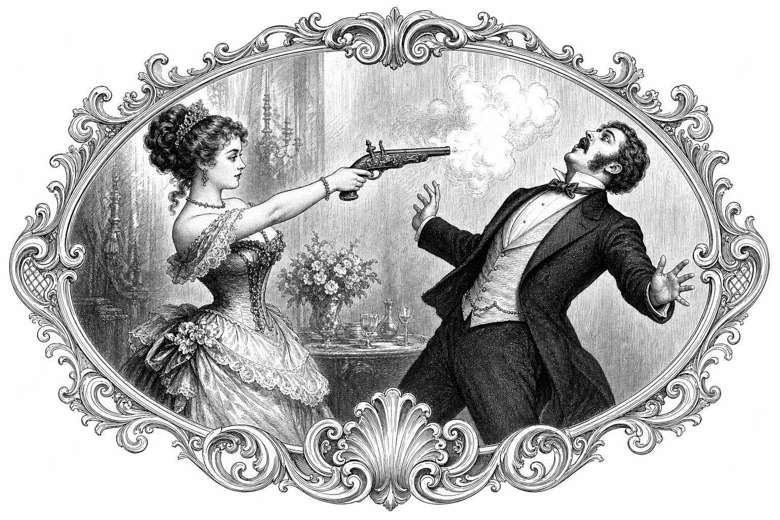 Victorian engraving of Lindsay firing a pistol at Travis in a dramatic scene