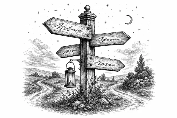 Victorian-style ink illustration of a wooden crossroads signpost with lantern under a starry night sky