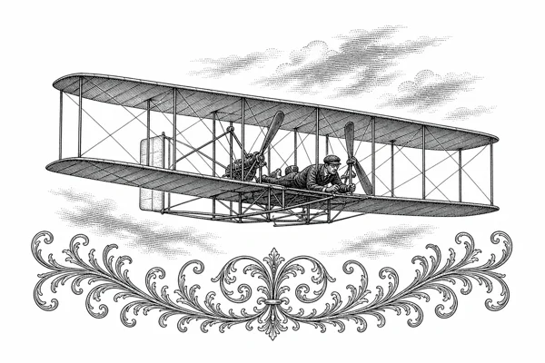 Victorian-style ink illustration of a Wright Brothers biplane in flight